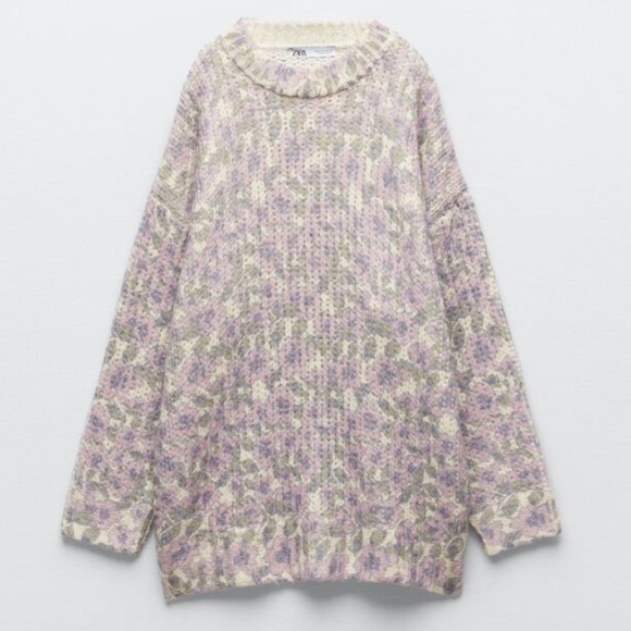 Zara oversized pastel floral wool blend jacquard knit sweater NWT - Picture 2 of 8
